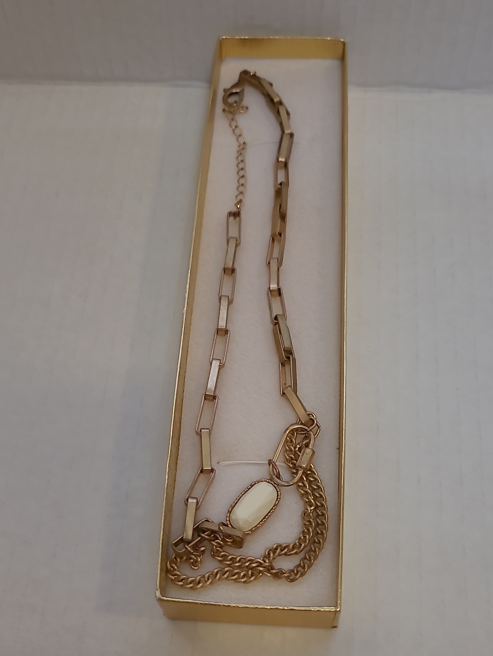 Vintage Gold Link Necklace with Cream Cabochon Accent